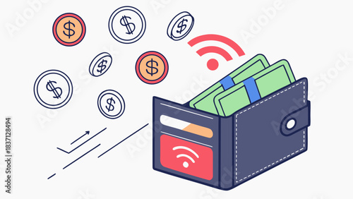 Vector image of an open digital wallet with payment symbols and coins floating around it.