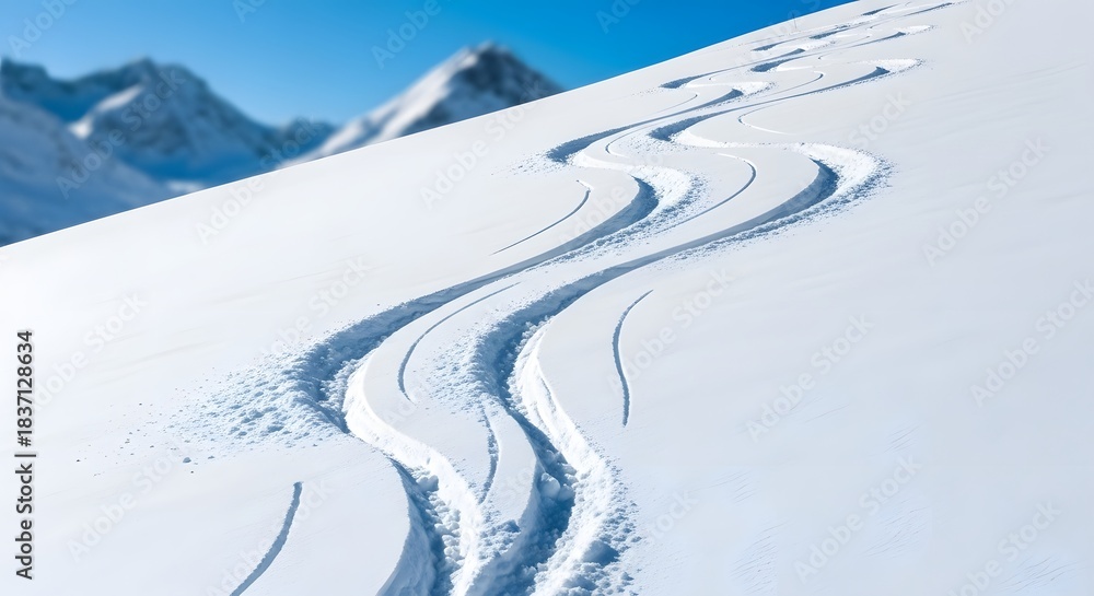 Obraz premium Winding ski tracks carving fresh lines on a pristine snowy mountainside under a bright blue sky for winter sports adventure concept and outdoor recreation