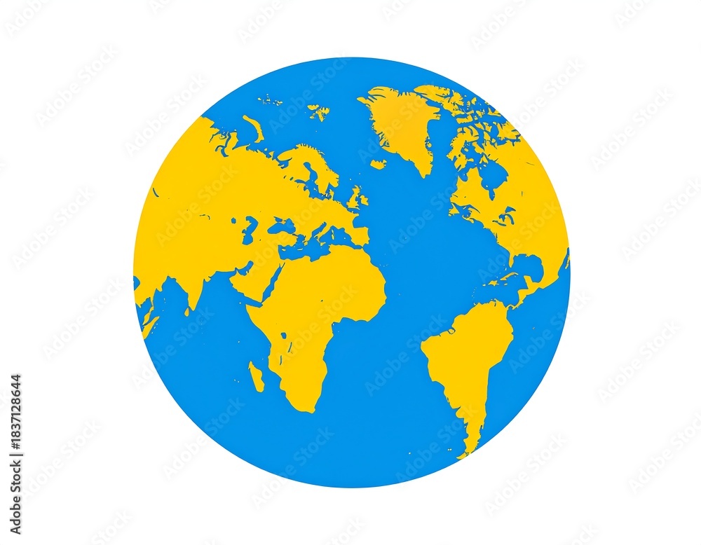 Naklejka premium Simplified globe illustration depicting continents in yellow against a blue background