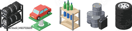 Auto repair tools, tire rack, hydraulic lift, car service, oil barrels, garage equipment, vehicle maintenance, mechanic shop, automotive fluids, jerry can