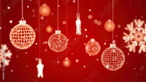 Glowing festive baubles on red background, hanging wireframe stars and snowflakes, warm holiday lights, seasonal celebration decor, winter party atmosphere, sparkling ornament backdrop