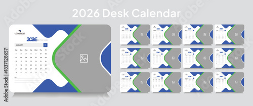 Customizable desk calendar 2026 template, corporate desk calendar schedule 2026 monthly 12-page planner layout, editable vector eps 10 file format