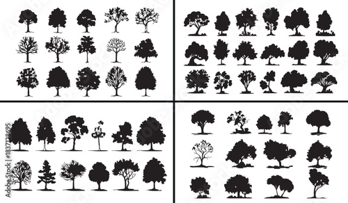 tree clipart silhouette, forest tree illustration, nature plant icons, woodland tree vector, outdoor nature art, black white tree clipart, printable tree icons, forest design pack, tree outline collec