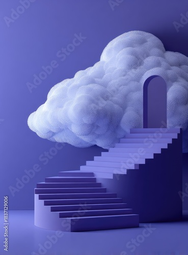 Surreal, violet-toned image of stairs leading to a doorway within a large, fluffy cloud against a gradient violet backdrop