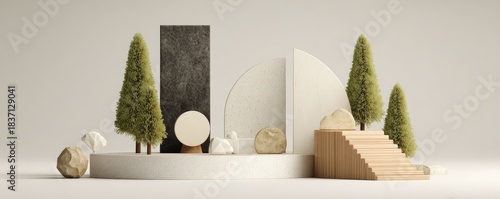 Earth-tone still life featuring trees, shapes, rocks, and wooden stairs on tiered platforms