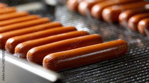A row of hot dogs are on a grill