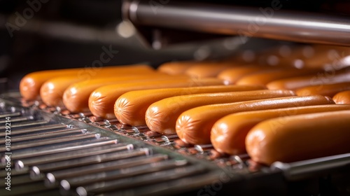 A row of hot dogs are being cooked on a grill
