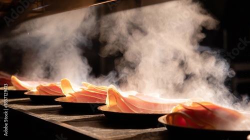 A row of ham slices are being cooked in a pan with steam