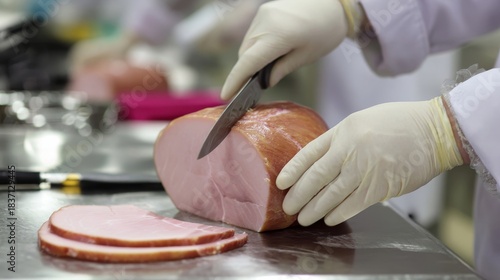 A person is cutting a piece of ham on a cutting board