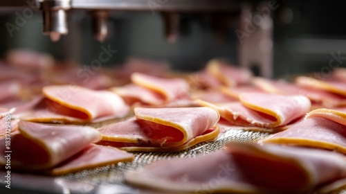 A conveyor belt is filled with slices of ham