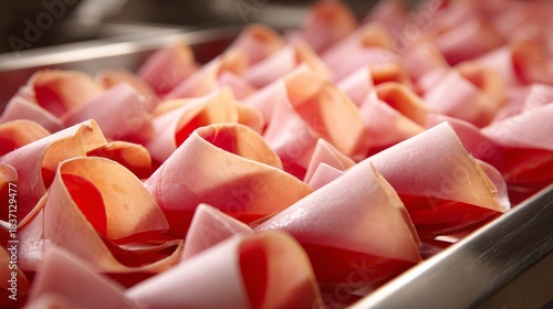 A tray of ham slices with pink edges
