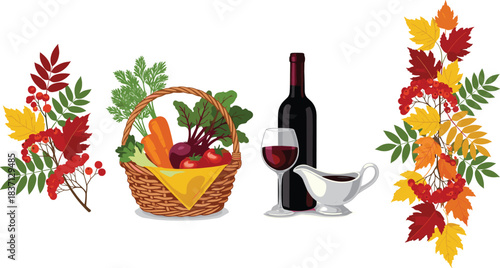 Autumn harvest still life with vegetables, wine, and fall leaves — perfect seasonal celebration for Thanksgiving and festive food themes