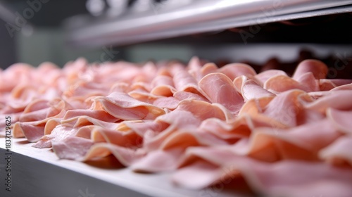 A large pile of ham slices are on a counter