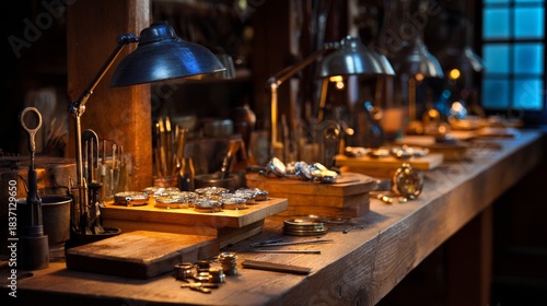 A workshop with many tools and a table with many watches