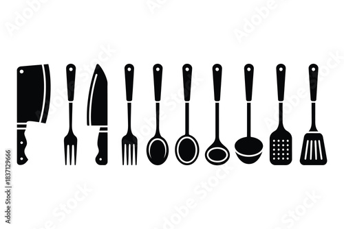 Kitchen Utensils Set Silhouette on White Background for Cooking Needs