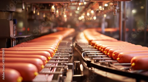 A conveyor belt with hot dogs on it