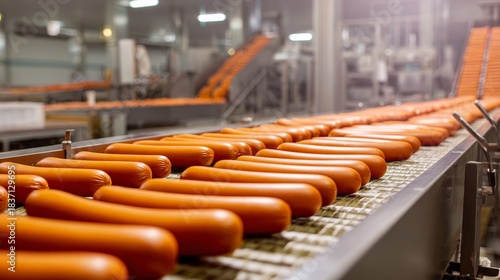 A conveyor belt is filled with hot dogs