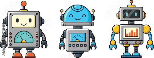Cartoon robots, cute androids, colorful machines, AI characters, playful bots, futuristic design, tech illustration, friendly robots, vector art, stock image
