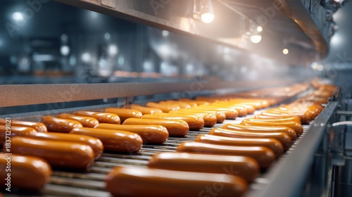 A conveyor belt with hot dogs on it