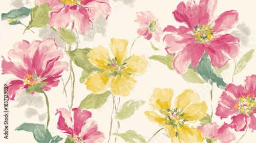 Vibrant Floral Tapestry: An overhead perspective unveils a stunning arrangement of radiant pink and yellow blossoms. The artwork showcases their delicate petals, vivid hues, and subtle green foliage.