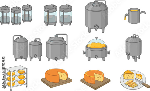 Cartoon Cheese-Making Process Diagram Featuring Milk, Curdling, Aging, and Serving – Dairy Production Vector Illustration