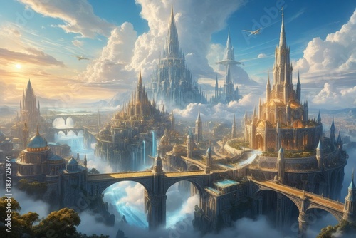 Magische, futuristische Stadtlandschaft mit schwebenden Gebäuden und Brücken im Nebel unter einem dramatischen Himmel