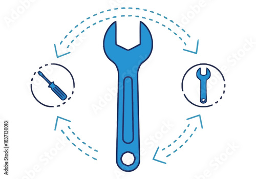 Tools and Workflow Concept Mechanic Repair Maintenance and Services with Circular Arrows Illustrating Process Niche Industry Vector Icons Evergreen Microstock Graphics Sustainable Energy Line Art