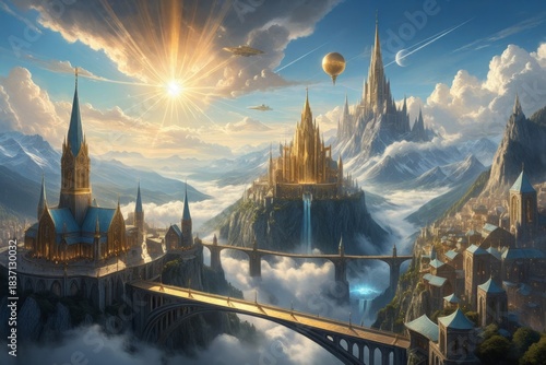 Magische, futuristische Stadtlandschaft mit schwebenden Gebäuden und Brücken im Nebel unter einem dramatischen Himmel