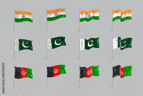 realistic flags of south asian countries, collection of waving flags of india, pakistan, afghanistan