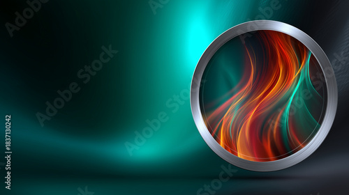 Abstract flame pattern in circular frame against colorful background  
