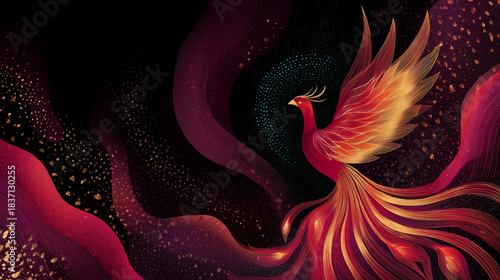 Colorful phoenix rising with flames against a dark background  