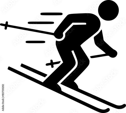 Ski, skiing, skier, downhill, slope, snow, winter, sport, action, speed, motion, recreation, leisure, alpine, mountain, outdoor, extreme, silhouette, man, person, human, icon, symbol, vector, graphic,