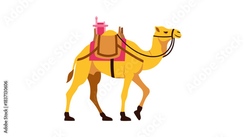 Golden Camel with Pink Saddle in Desert Landscape Under Spotlight