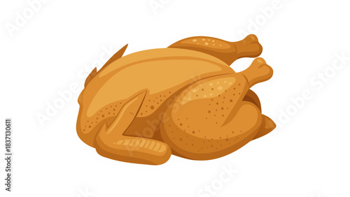 Golden brown roasted whole chicken presented on a white background with a subtle texture detail showcasing its crispy skin and savory appearance perfect for culinary themes