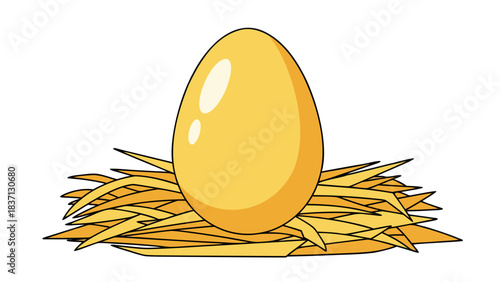 Golden Egg Resting in Straw Nest on Black Background Simple Illustration with Smooth Lighting and Reflective Surface