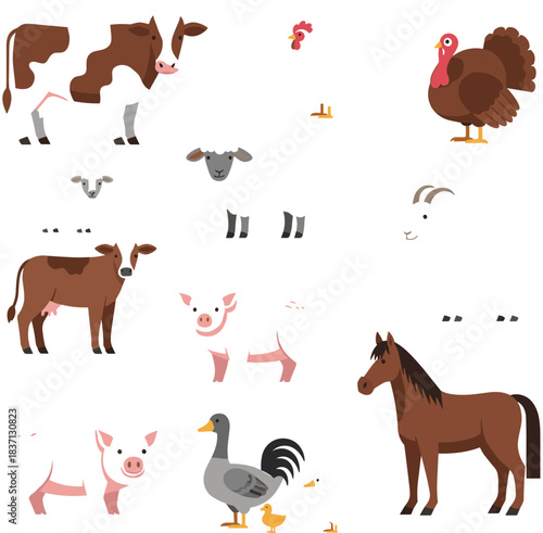 Flat Design Vector Set of Common Farm Animals, Including Cows, Piglets, Horse, Turkey, and Goose, Perfect for Children's Education and Agriculture Projects.