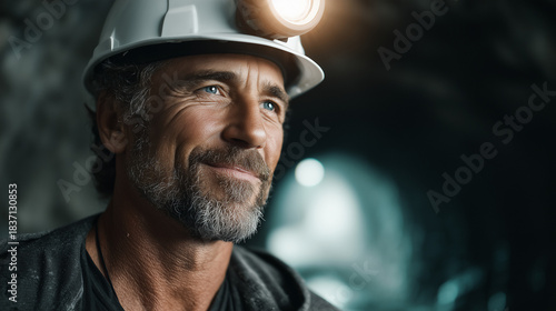 Middle-aged miner smiling while wearing helmet in underground tunnel  