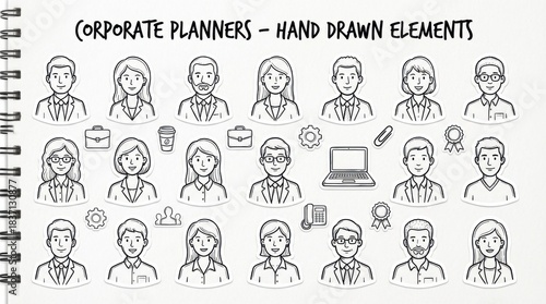 hand-drawn corporate office avatars and profile icons outline elements set created for planners scrapbooking and journaling isolated on white background