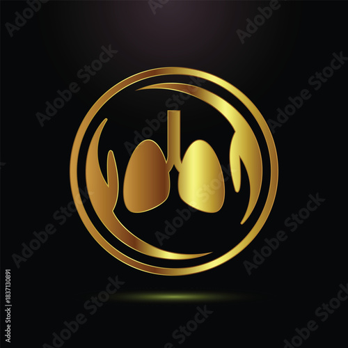 Golden lungs symbol inside a circular emblem on black background