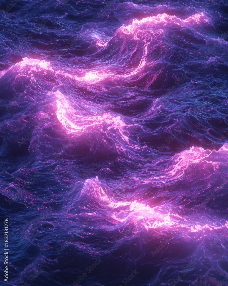 Fototapeta premium Bioluminescent waves with glowing pink highlights in the ocean