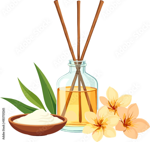 Elegant reed diffuser with flowers and essential oils, relaxing aromatherapy illustration isolated on white background