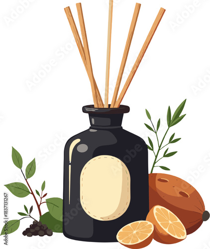 Aromatic reed diffuser with essential oils and botanical elements, cozy home fragrance illustration isolated on white background