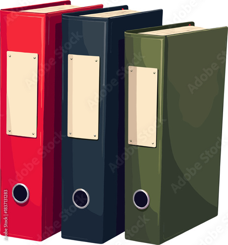 Colorful office binders standing in a row, organized workspace illustration isolated on white background for business and education themes