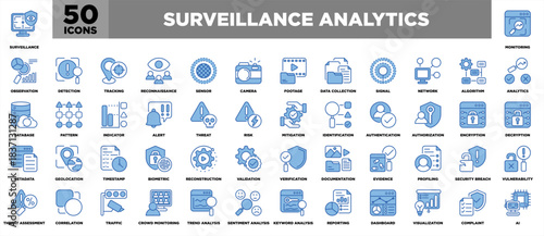 Surveillance Analytics Outline Blue White Icon Set