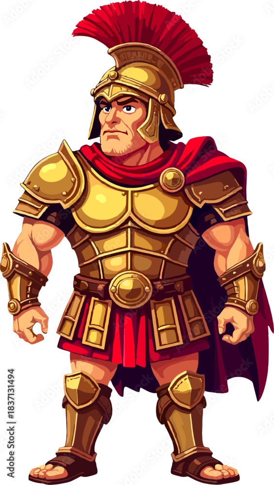 Obraz premium Powerful Roman soldier illustration wearing detailed golden armor, red cloak and traditional helmet, ideal for historical artworks, ancient civilization themes, educational materials