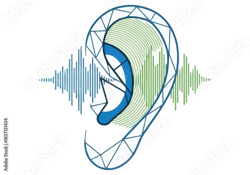 Abstract Geometric Ear with Sound Wave Illustration Hearing and Audio Concept Niche Industry Vector Icons Evergreen Microstock Graphics Sustainable Energy Line Art