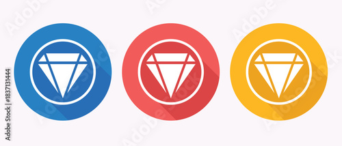 Three oval icons with white diamond shapes inside in blue red and yellow