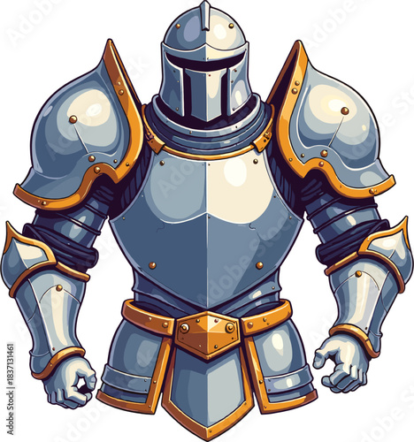 Detailed medieval knight armor illustration with polished steel plates, ornate metal accents and heroic stance, ideal for fantasy artwork, RPG game assets, historical themes