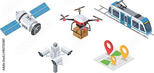 Smart city technology, satellite, drone delivery, urban transport, surveillance system, GPS mapping, modern infrastructure, isometric illustration, innovation, connectivity, logistics