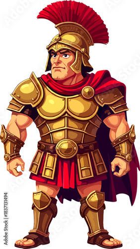 Powerful Roman soldier illustration wearing detailed golden armor, red cloak and traditional helmet, ideal for historical artworks, ancient civilization themes, educational materials